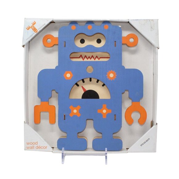 Modern Moose Blue Orange 11" Wooden Robot Sci Fi Space Wall Decoration Unisex - Picture 2 of 3